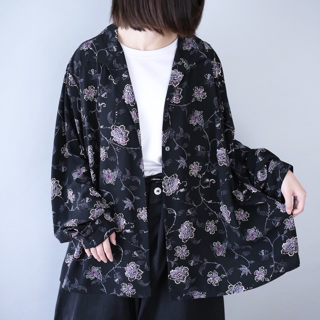 flower art pattern over wide silhouette open collar shirt