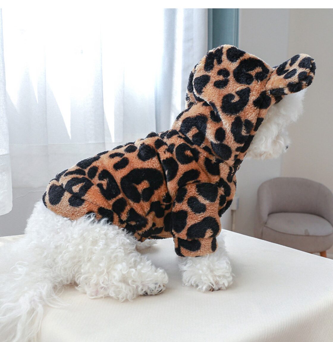 送料無料 ペット関連 冬暖かいペット犬服フリース犬パーカーヒョウ柄犬 