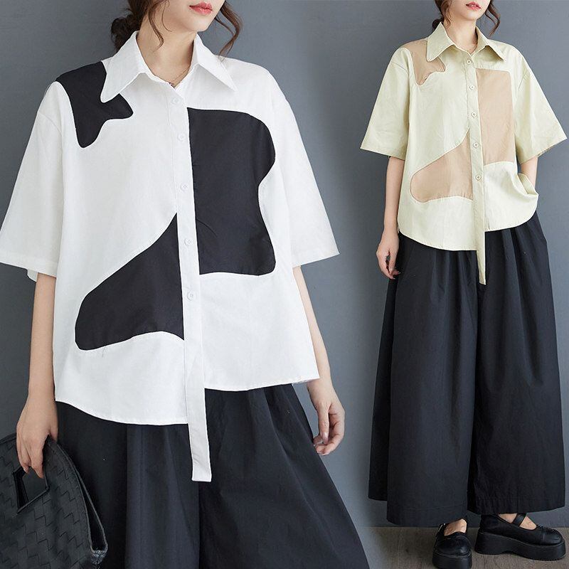 LOOSE CONTRAST HALF SLEEVE UNEVEN SHIRT M-17238