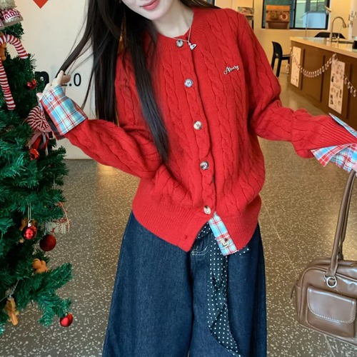 2色／ポイントチェックケーブルニットカーデ ・74074