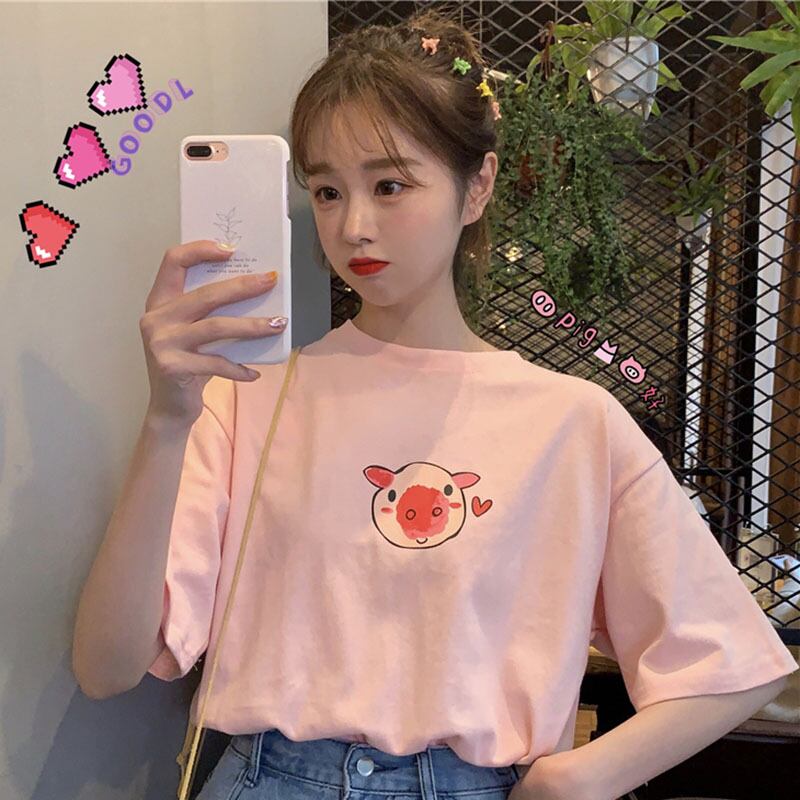 2020年夏トレンド新作カジュアルファッションスウィートワイルドキュートピギープリント半袖Tシャツ女性トレンド YY-ファッション33236159048