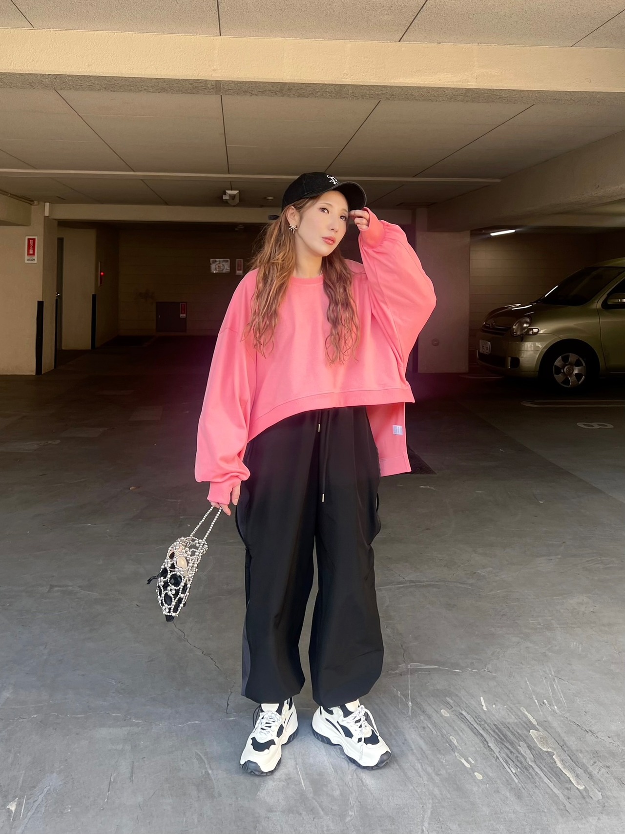 《防シワ素材》 Finger design balance crew neckリブ切替シャツスウェット／／pink