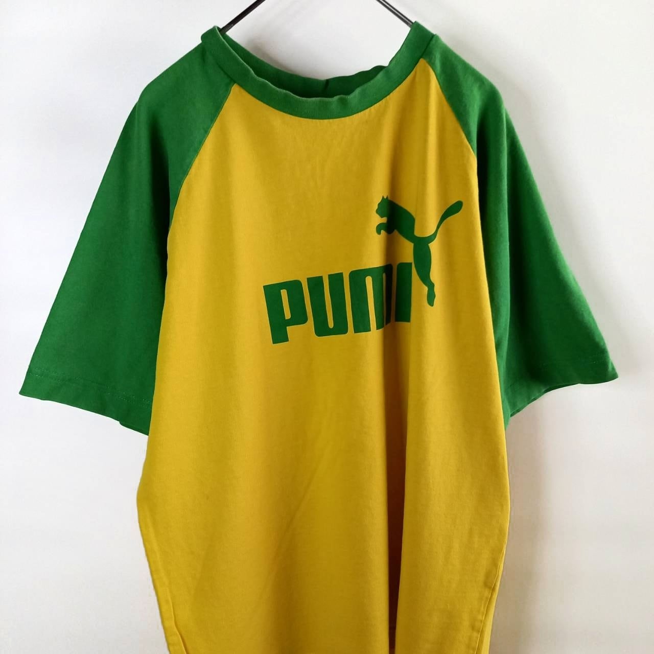 90s オールド プーマ ラグランTシャツ 半袖 プリント ビッグロゴ 黄色