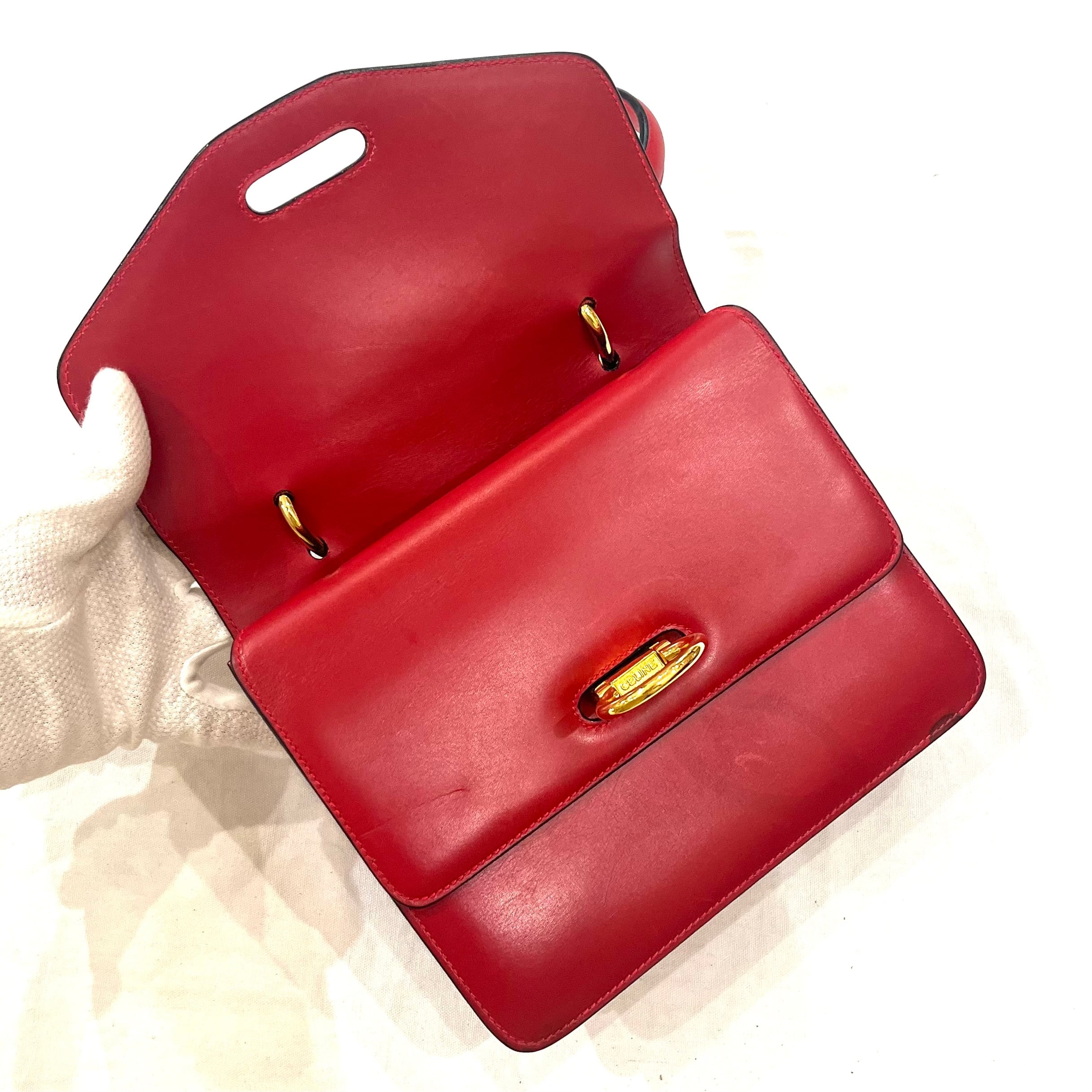 CELINE】セリーヌヴィンテージ二重蓋 Wフラップ レザーハンドバッグ 赤