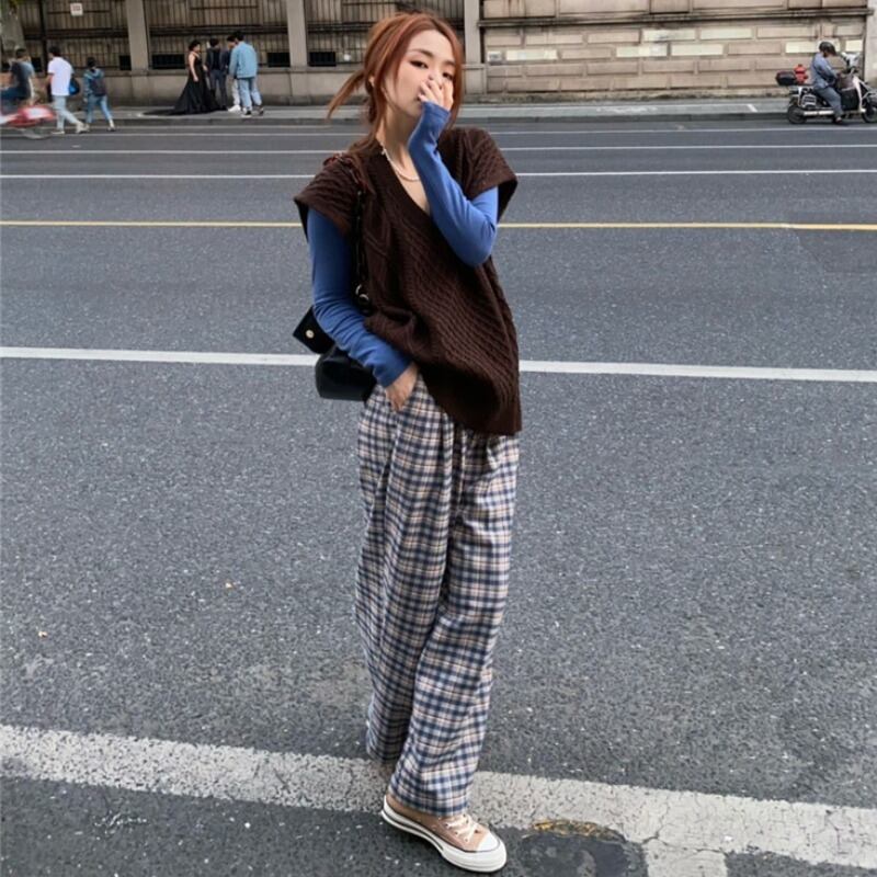 スプリングVネックギャザーニットトップス ルーズスタンダード格子柄ワイドレッグパンツ レトロ 春物 ワイドパンツ YY-ファッション95786576879