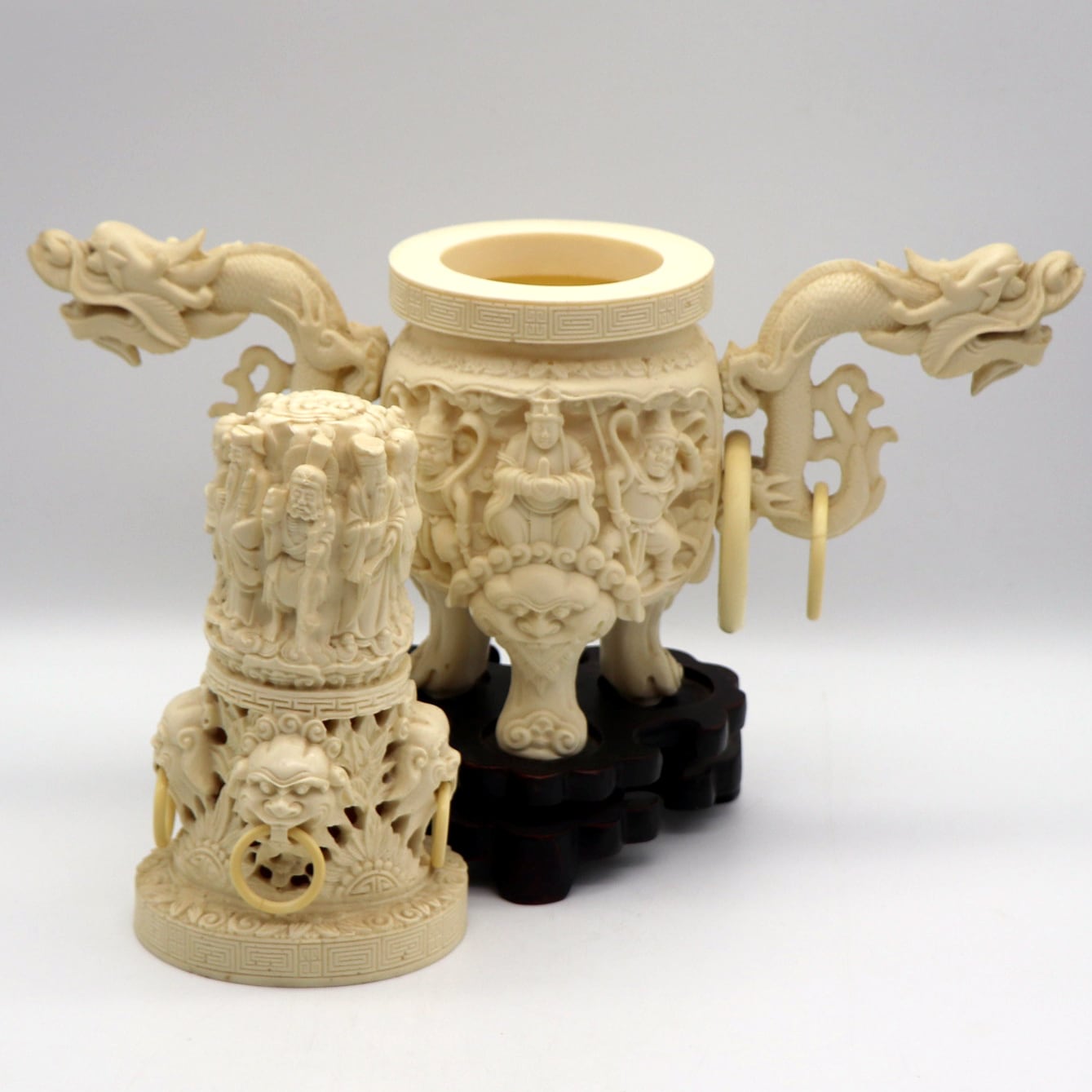 中国美術工芸・象牙風・獅子・龍・三脚・香炉・台付・No.210513-36