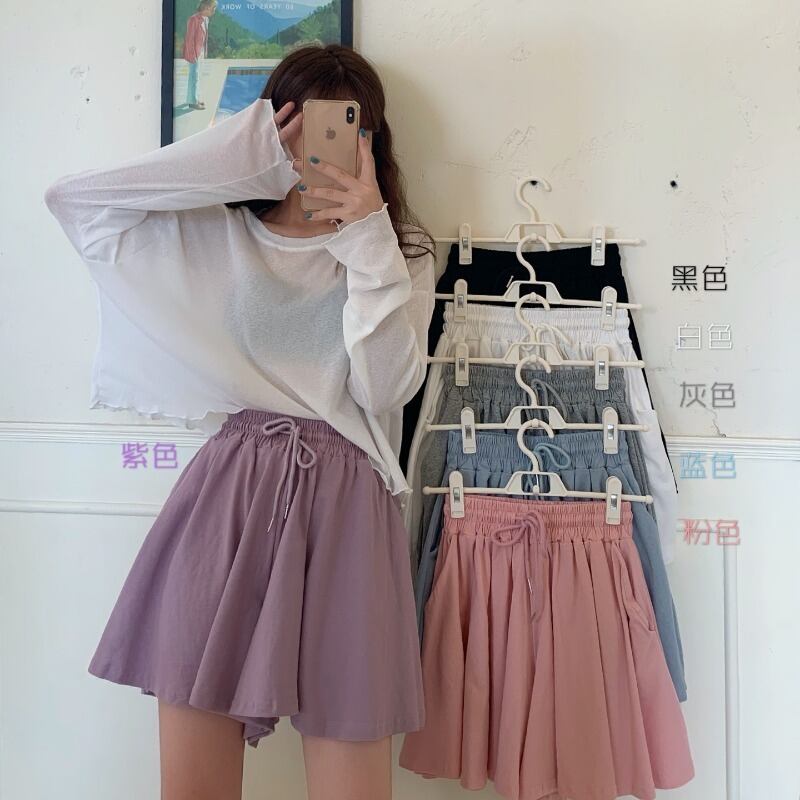 カジュアルショーツ サマーハイウェストウェストワイドレッグパンツ ストレッチルーズスカート Aライン薄手 エラスティック 伸縮 夏物 ブルマー ワイドパンツ 萌量不足97367806972