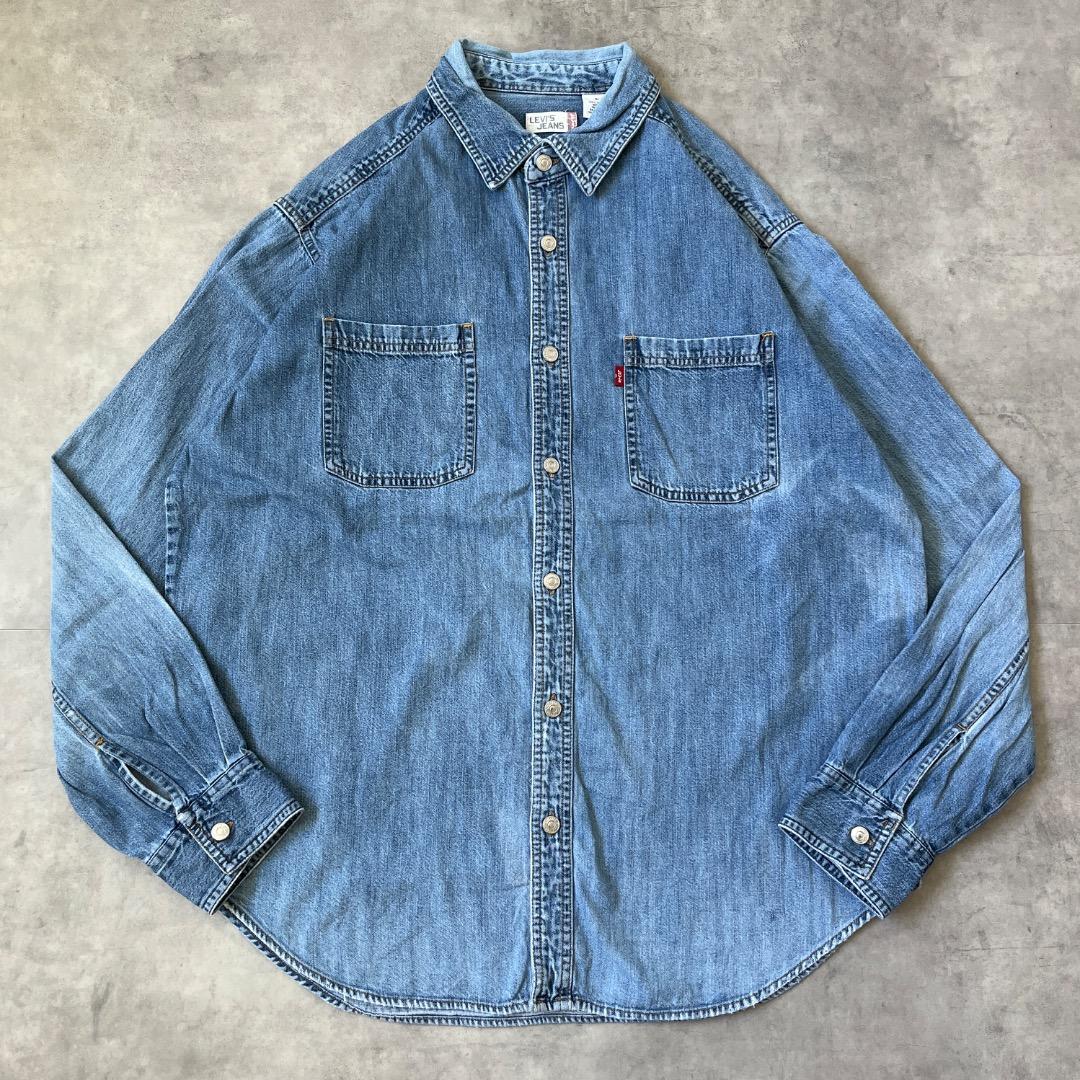 Levis リーバイス デニムシャツ 古着 無地 Wポケット L 青 17247