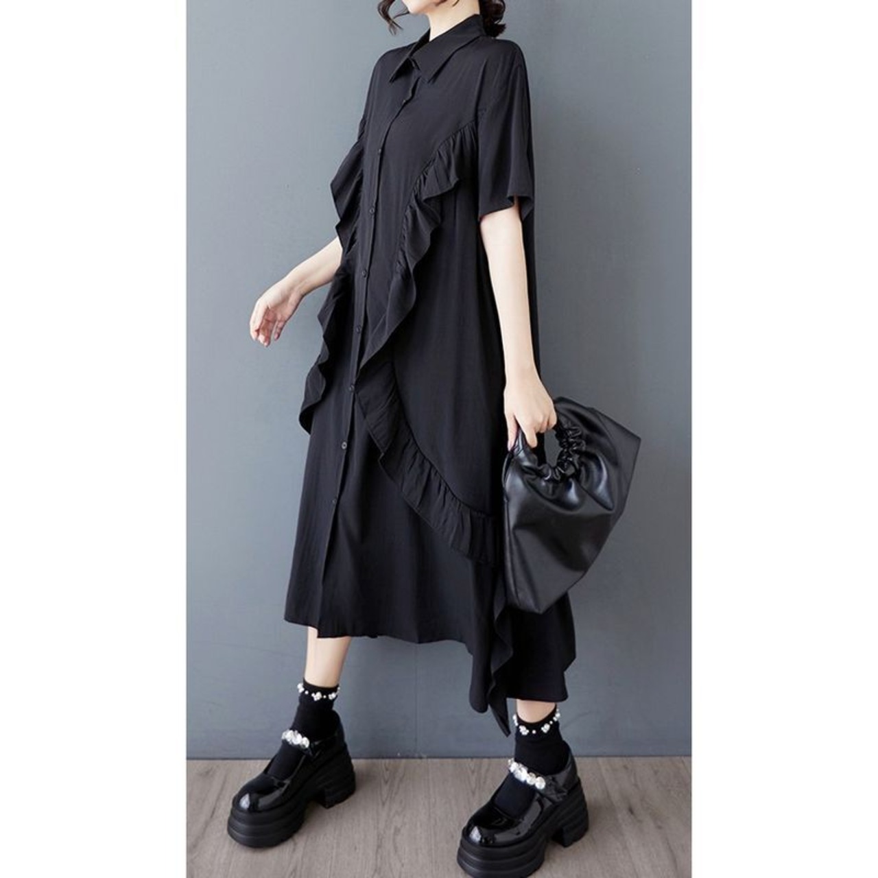 フロントフリル シャツワンピース 30076