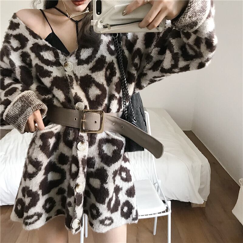 ヒョウ柄モヘアセーターベルト付き女性2020年秋新作優しい風ルーズアウターニットカーディガンジャケット ドラファッションホール55133589222