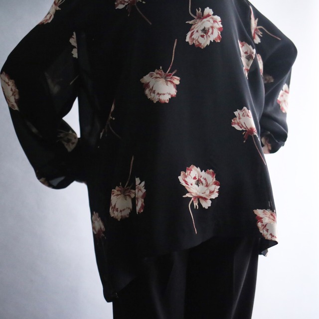 flower art pattern no-collar see-through shirt