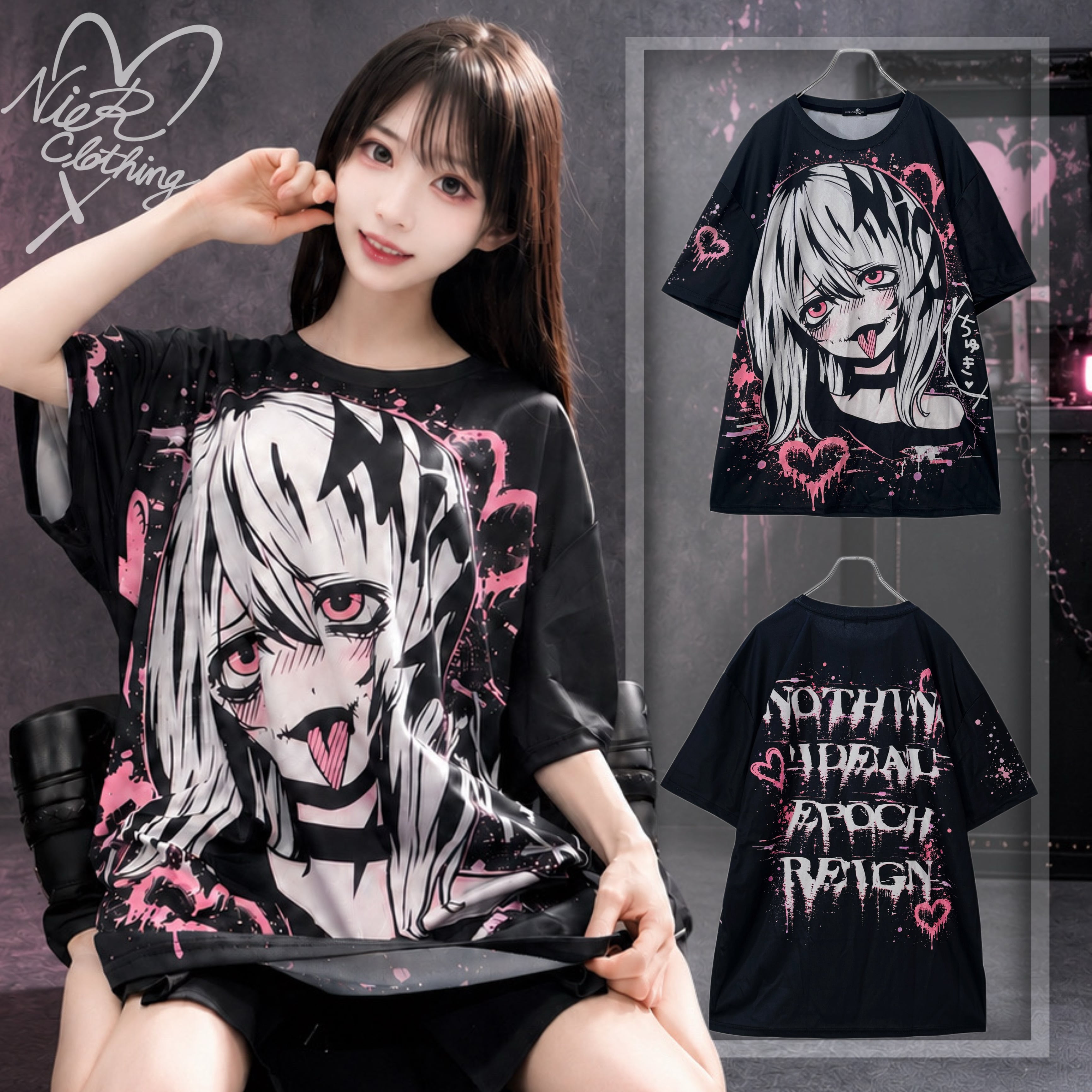 先着39点限定MEGA SALE》Gothic GIRL OVERSIZE MESH TEE【BLACK