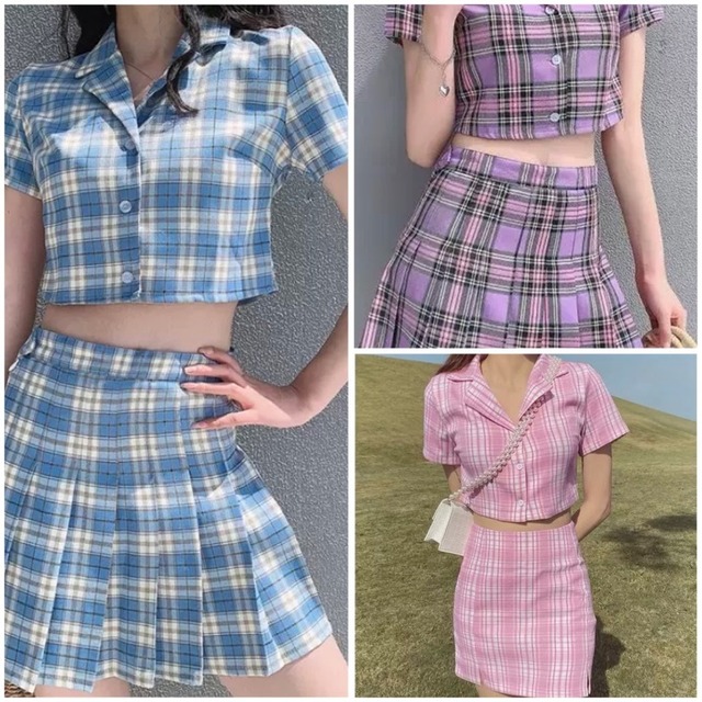 S~L 3カラー ★ 半袖 夏服 セットアップ ツーピース プリーツスカート ショート丈トップス チェック柄