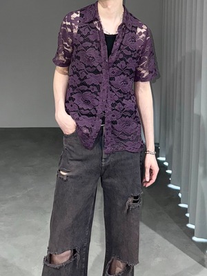 sheer lace flower shirt / wine