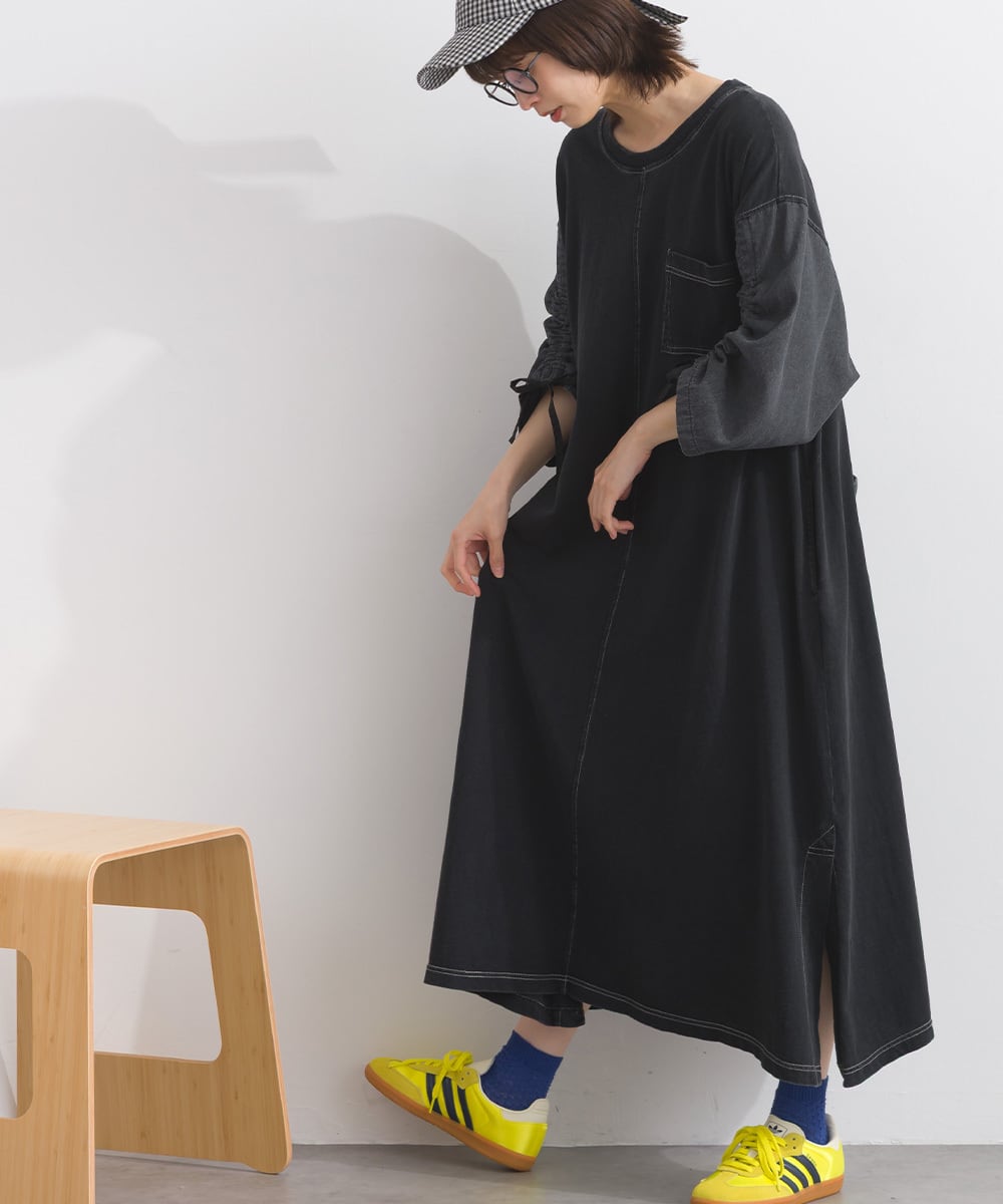 J261096 袖シャーリングデニム切替ワンピース / Shirring Sleeve Denim