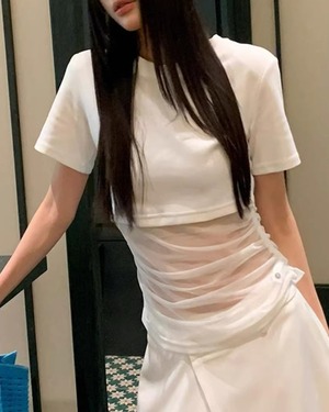 シアー切替ドレープ半袖Tシャツ 2color A1011