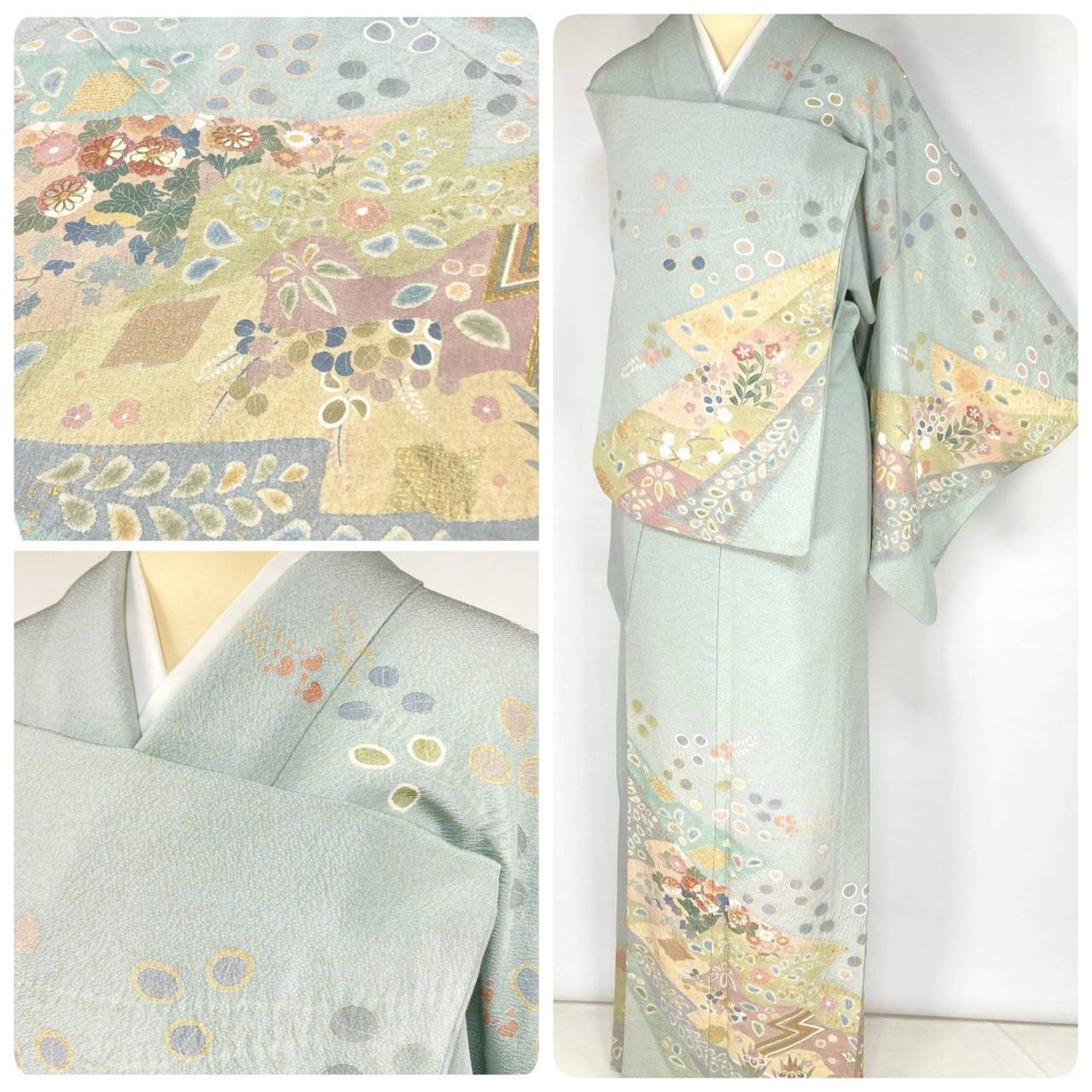 手描き友禅 染め分け 椿 花柄 訪問着 袷 正絹 ベージュ 水色 黄緑 1408