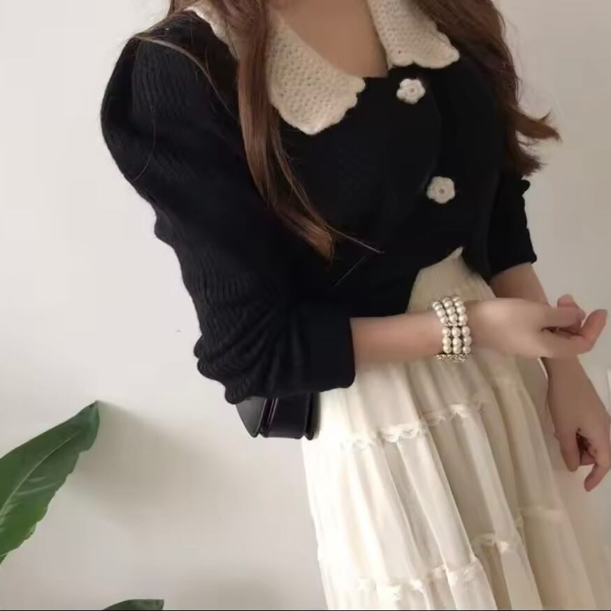 スカラップカラーフラワーボタンカーディガン