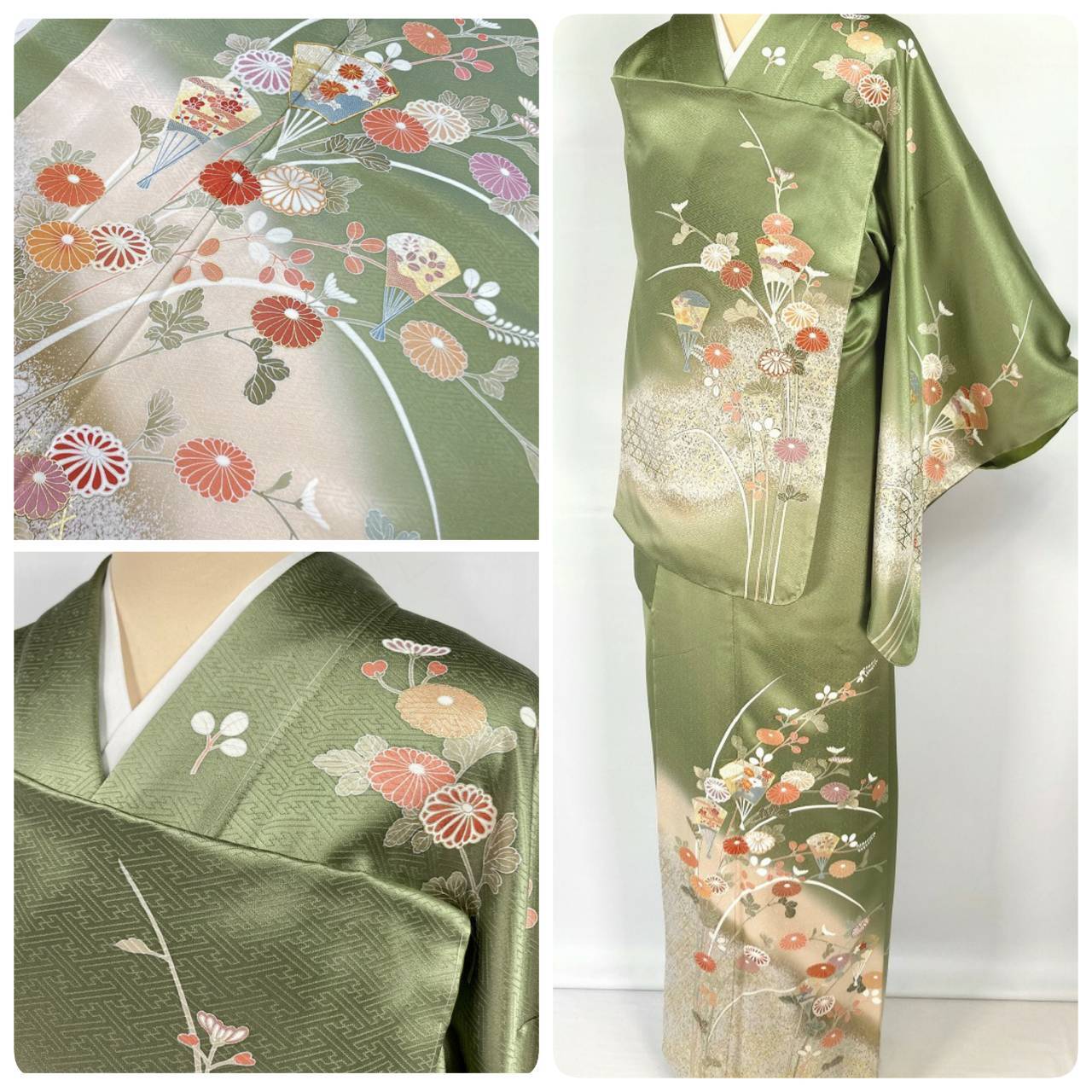 未使用 京友禅 金駒刺繍 秋の草花 訪問着 正絹 金彩 緑 ベージュ     Re:和 [  キモノリワ  着物 帯