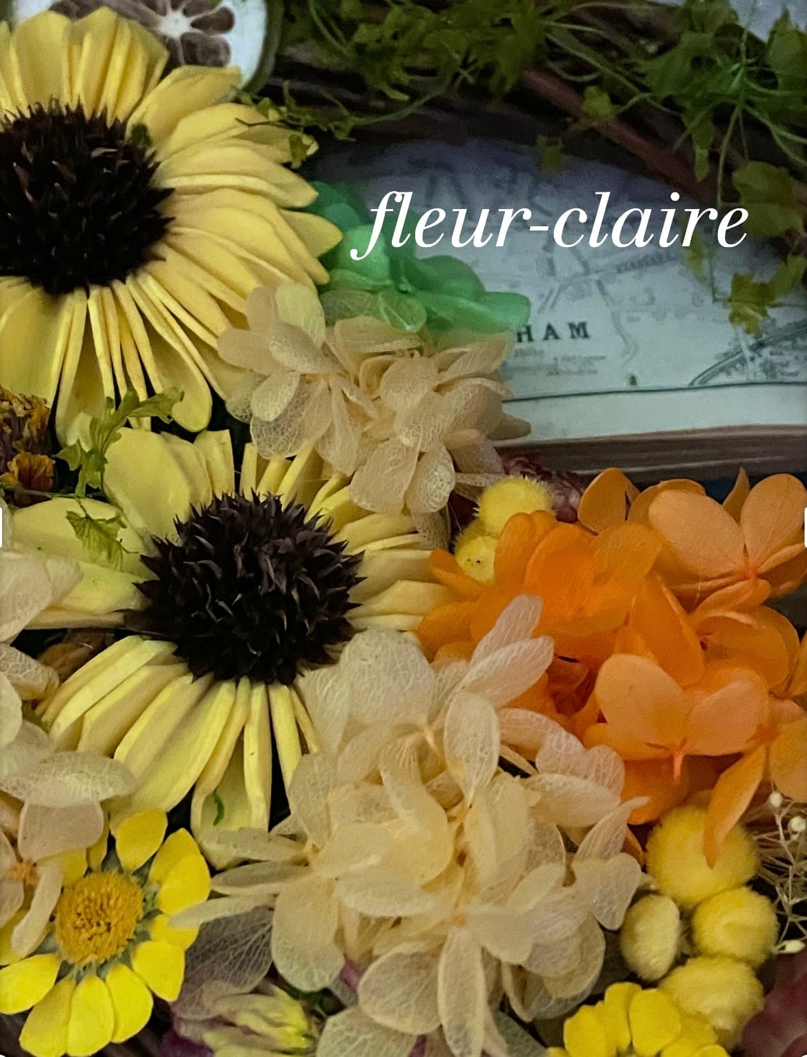 ひまわりとビタミンカラーの紫陽花リース | 京都宇治市プリザーブド
