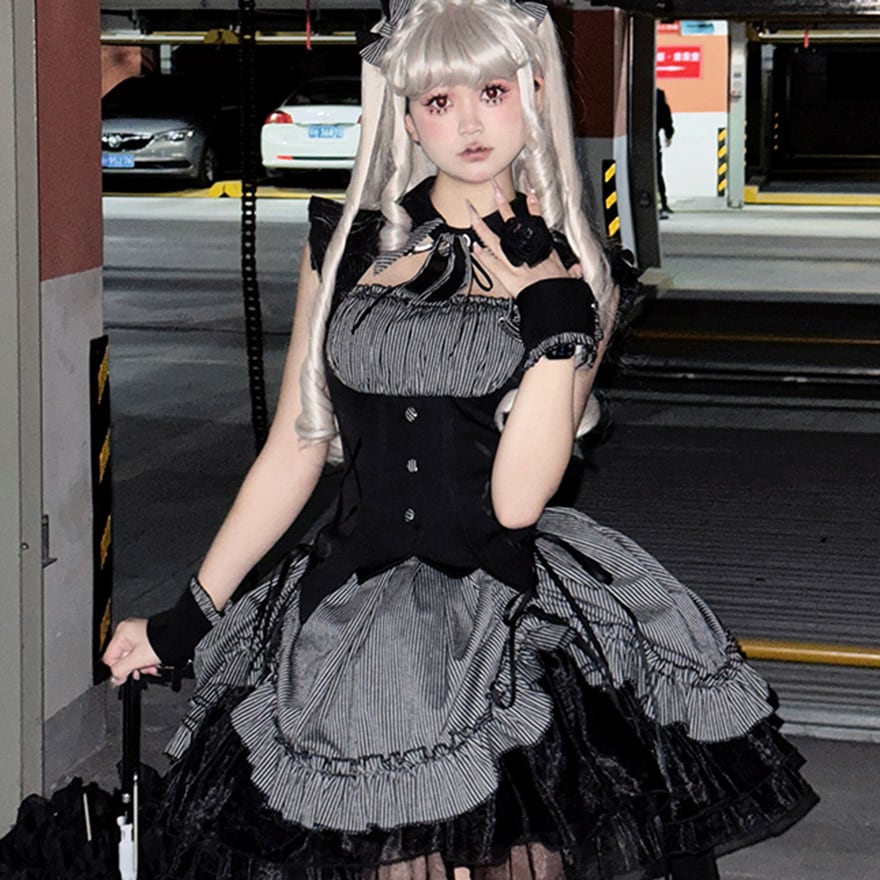 ゴスロリ ワンピース ストライプ×魔女風 ダークファッション｜WithU