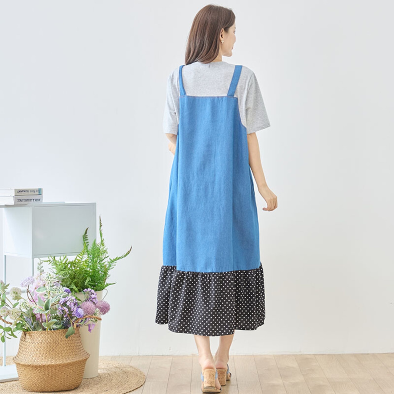 TRUBE デニム×ドット裾異素材切替サロペット風ドッキングワンピース【M~L】グレー