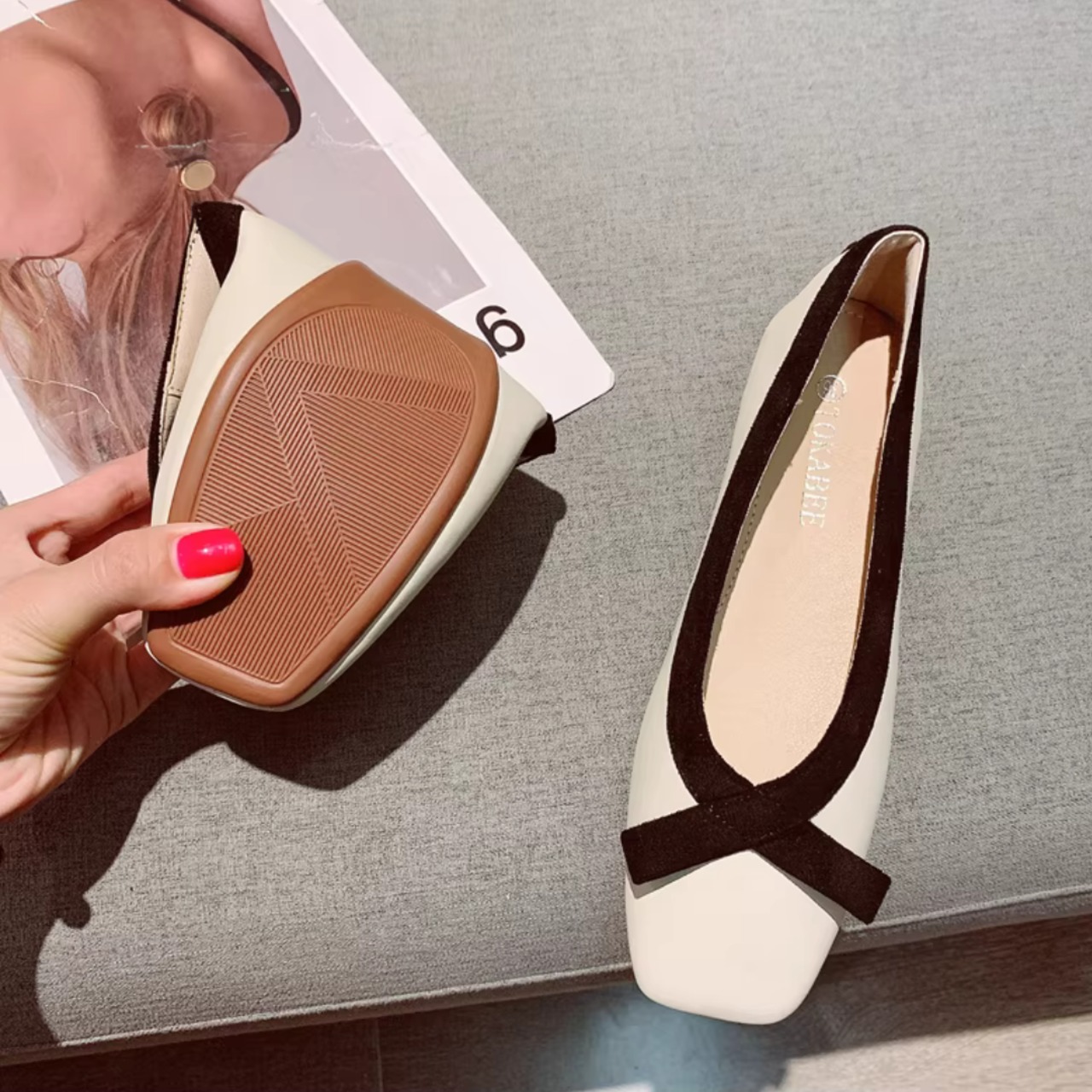 リボン スクエアトゥ フラットパンプス 00063・画像4