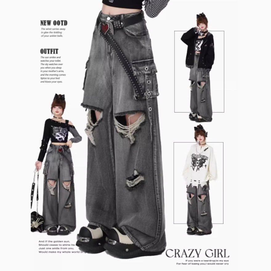 サブカル 服 地雷系 通販 CRAZYGIRLシリーズ デニムパンツ ジーンズ ダメージ加工 ユーズド風 ポケット ワイド