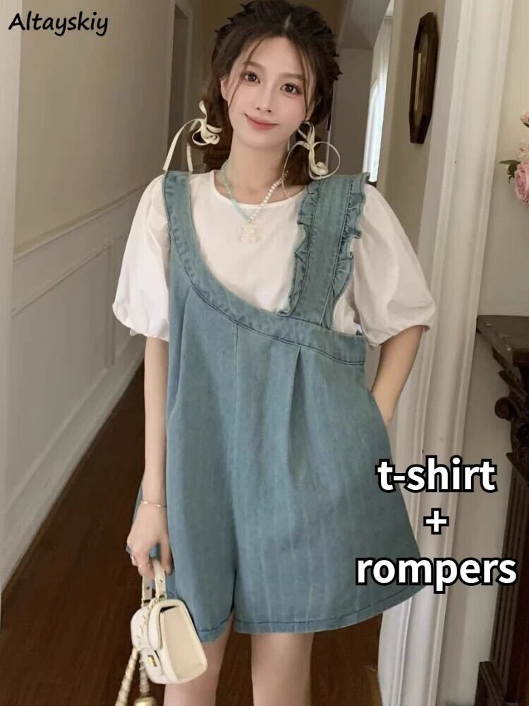 【新作】【送料無料】 2 個セット女性カジュアル原宿学生夏の Tシャツデニム不規則なロンパース人気の緩い韓国スタイル甘い老化を軽減 0388672489401