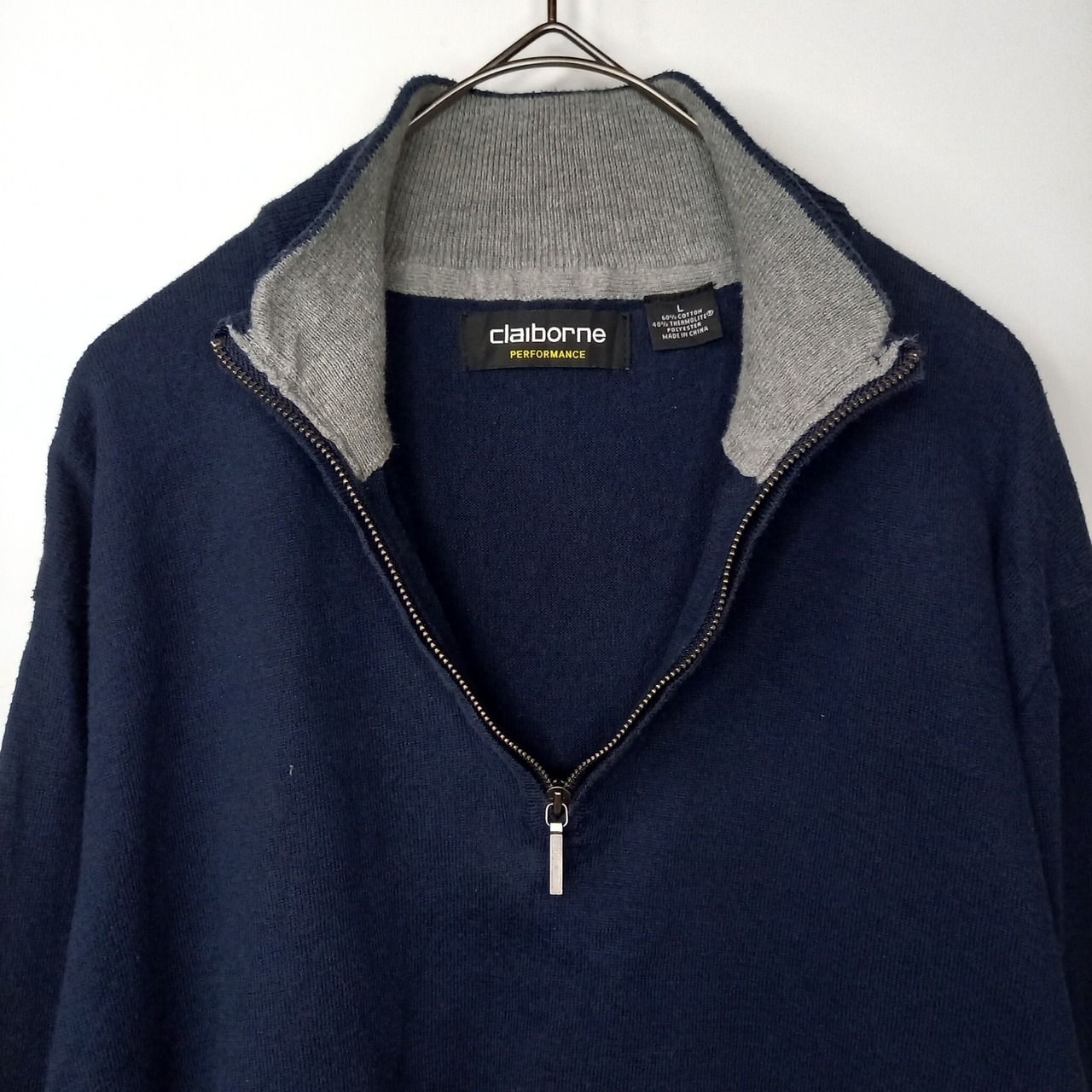 クレイボーン　Claiborne　サーモライト　ハーフジップニット　セーター　無地　ネイビー　L