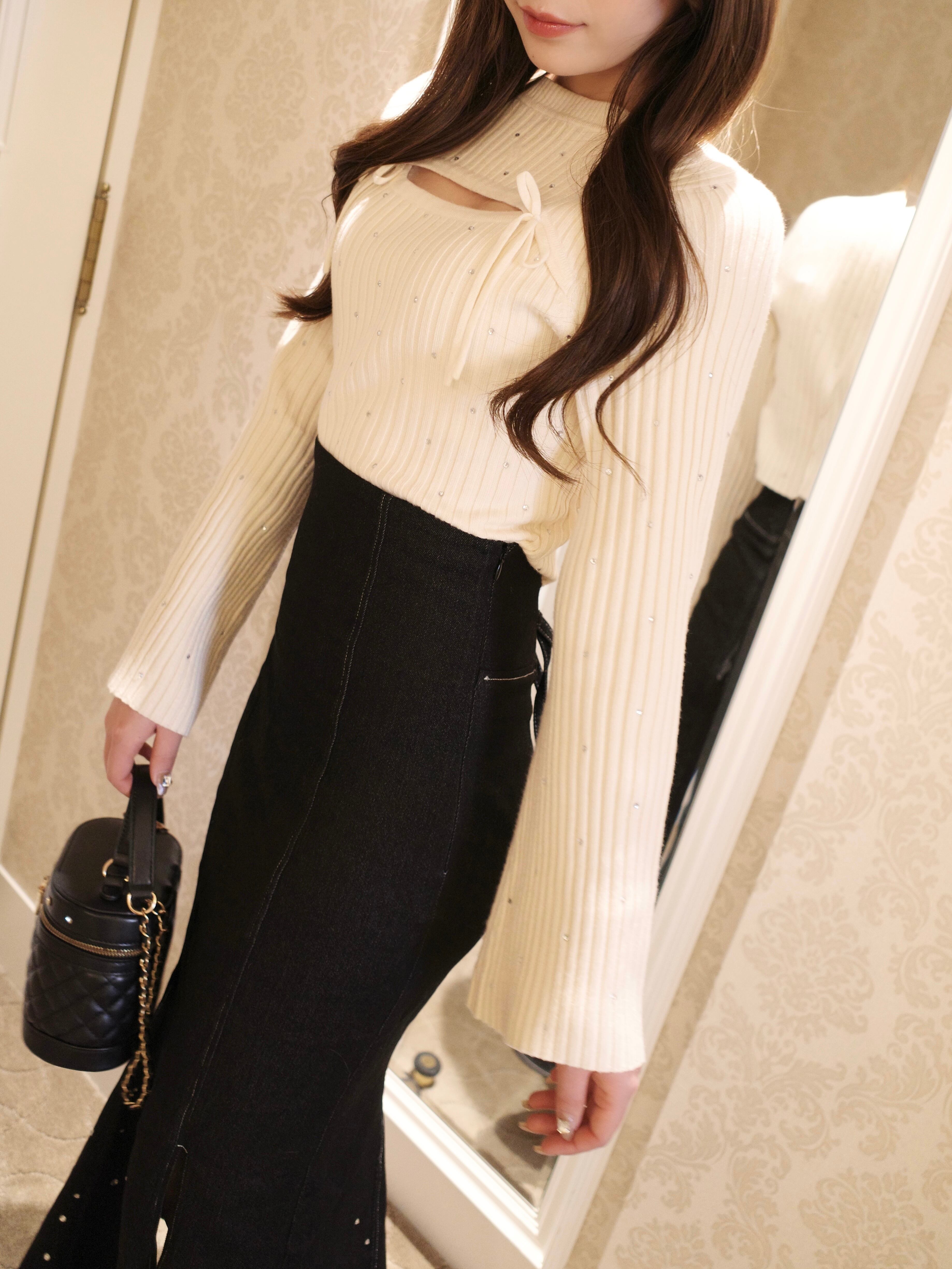 original/再入荷】rhinestone flare sleeve knit(ivory) | POMME d