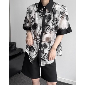 abstract pattern cuff short sleeve regular collar shirt mr0696
