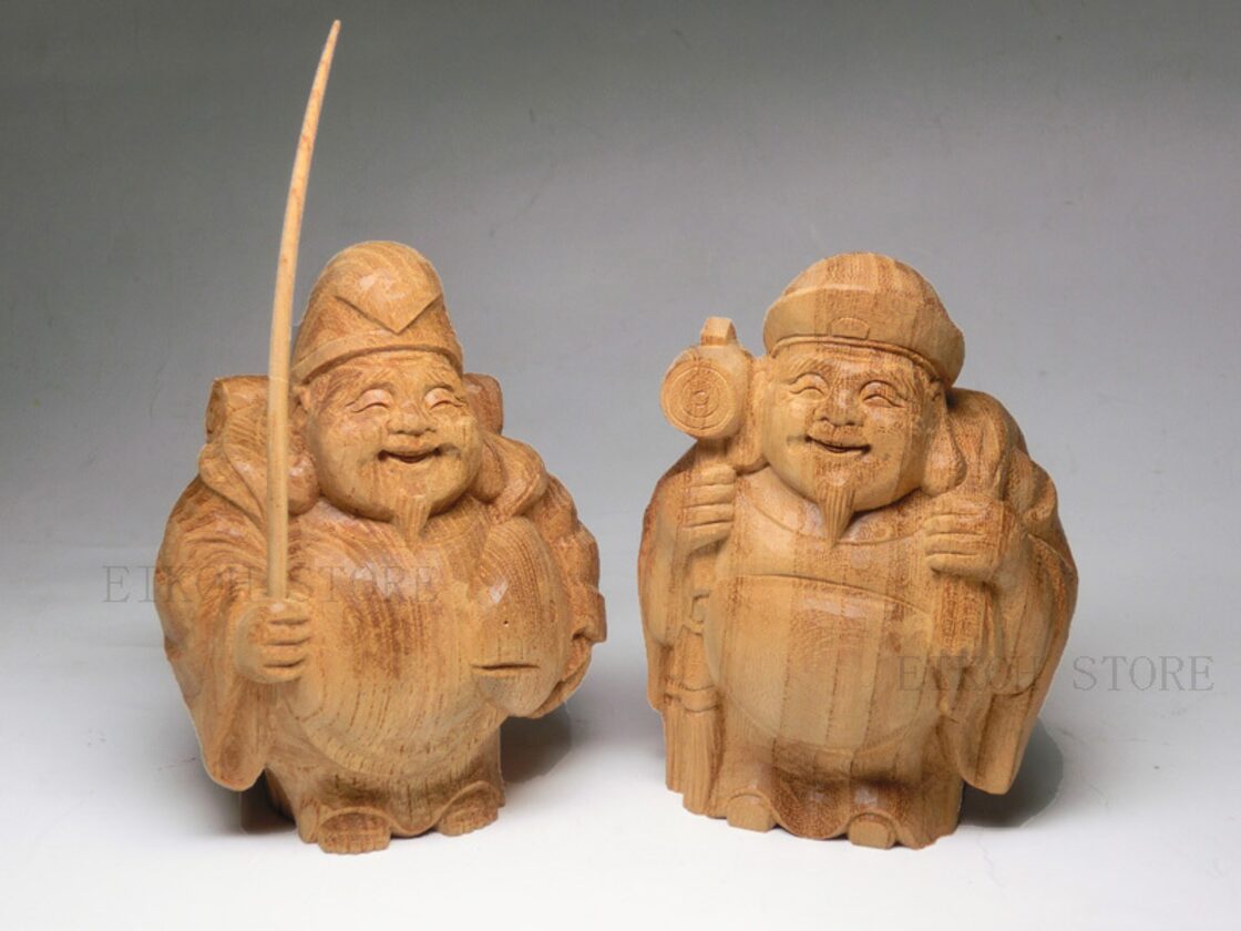 天然 欅木 彫り(ケヤキ) 丸 恵比寿 大黒天 像(高さ約9.0cm)＜仏像 