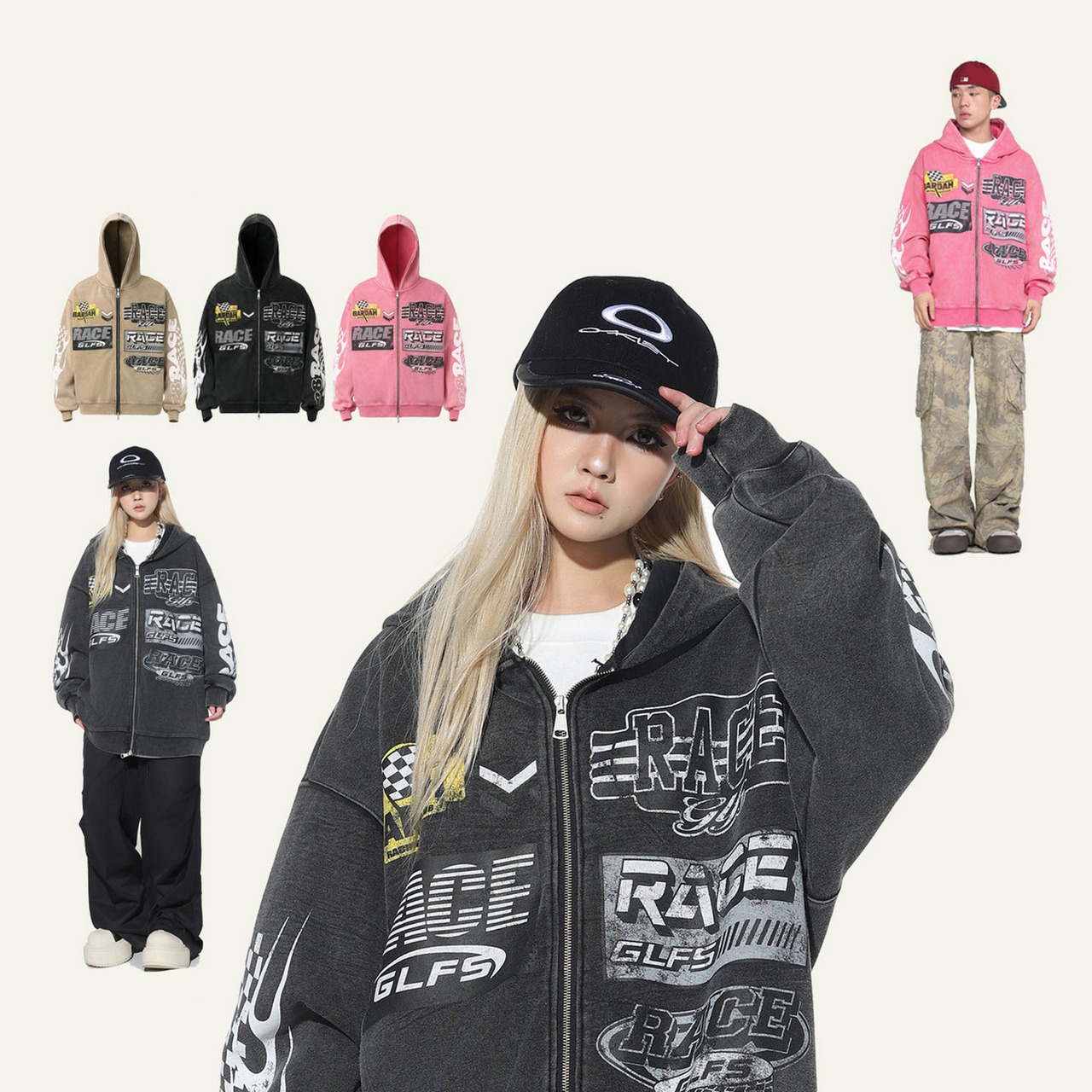 VINTAGE ストリート レトロレーシング ジップパーカー T1182