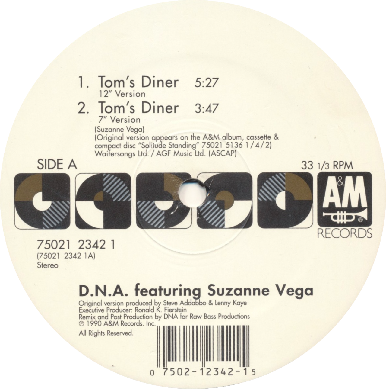 【超プレミア●ビニール盤】Ｄ.Ｎ.Ａ.＋スザンヌ・ヴェガ　TOM'S DINER D.N.A. Featuring Suzanne Vega / Tom's Diner | VINYL7 RECORDS