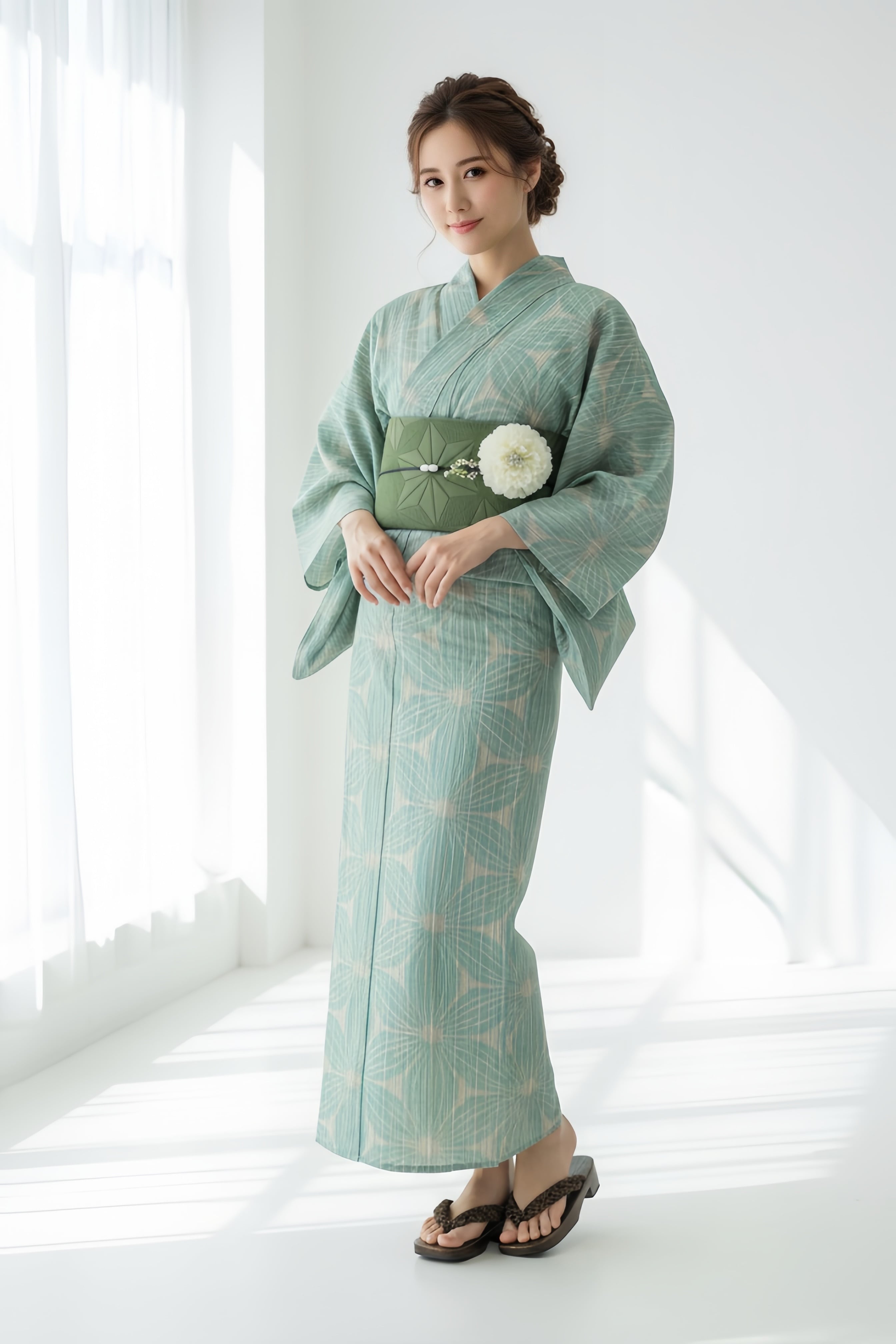 浴衣ジェンヌ 浴衣5点セット 紺×ベージュ麻の葉 綿麻素材 浴衣ジェンヌ 浴衣5点セット 麻の葉柄 くすみミント 生成り ベージュ