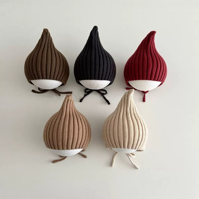 ,ベビー幼児女の子男の子とんがりニット帽　かわいい秋冬小物　防寒グッズ　おしゃれ　ベージュ　レッド　キャラメル　ブラウン　ブラック　グレー　lwb0068