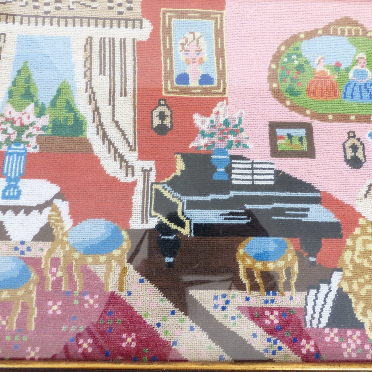 刺繍画額装 ニードルポイントプチポワン ピアノのある部屋