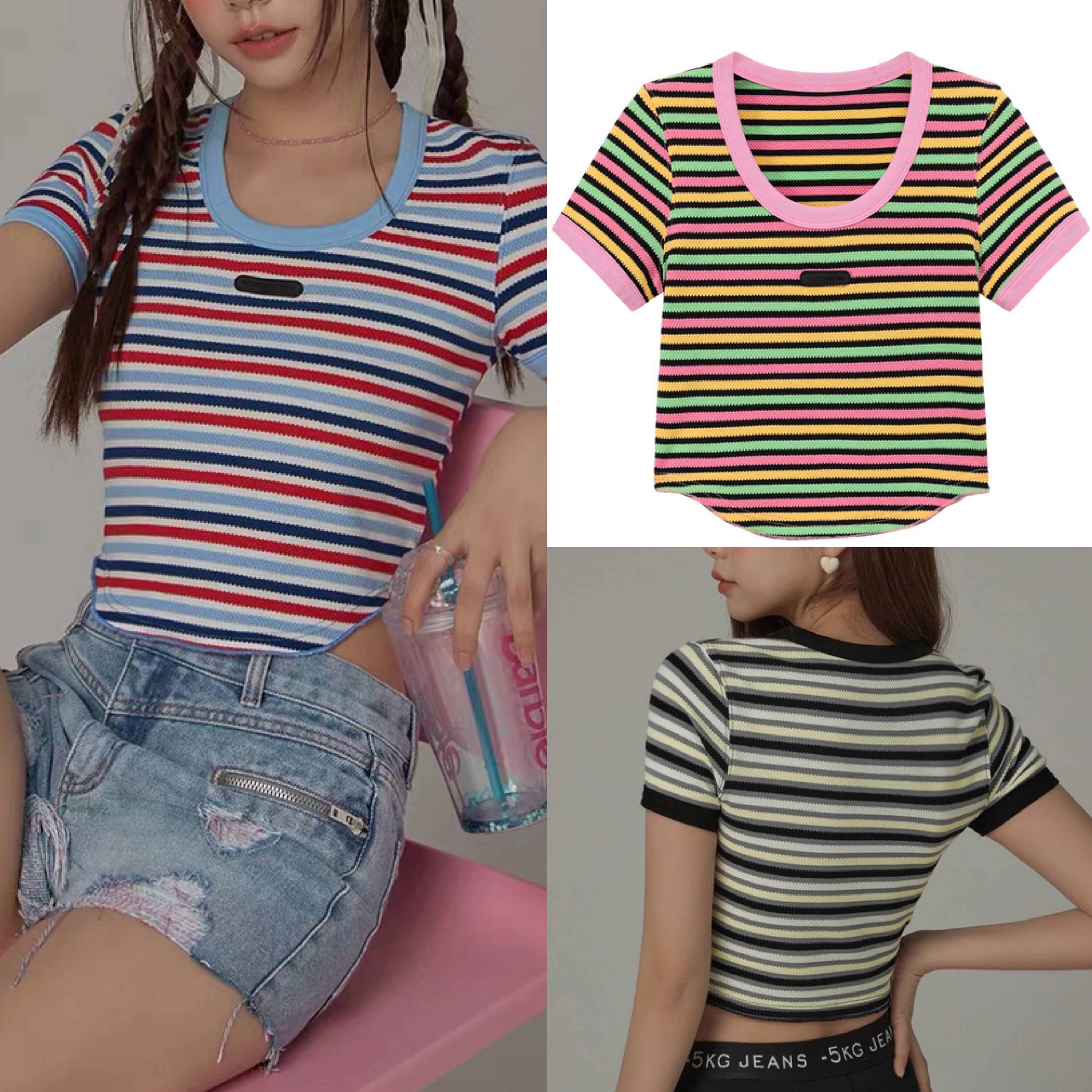 Tシャツ 水色 緑 ボーダー トップス ボーダー ピンク 黒 ガーリー