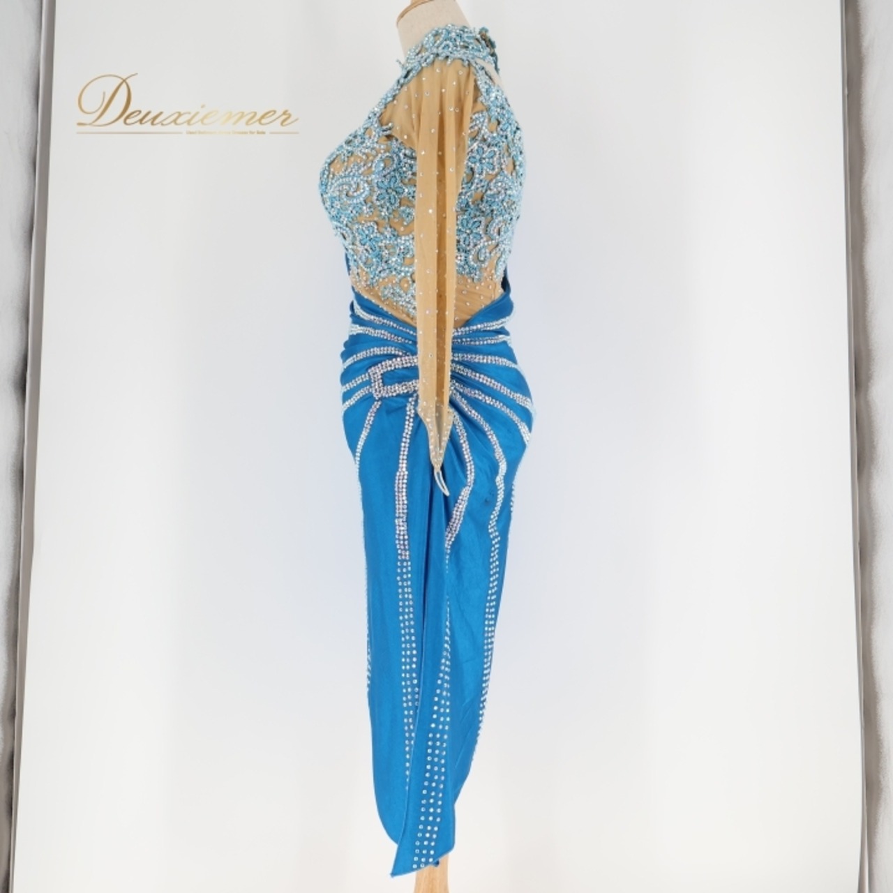 社交ダンス 衣装 ラテン ドレス ワンピース ラテンドレス 青 デモ 競技 パーティ 発表会 クロッチ ブルー系 鮮やか色 おしゃれ フォーマル ダンス衣装 レディース 競技用 ステージ用 コスチューム