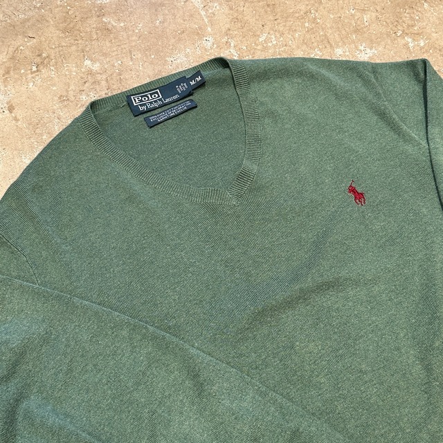 1990'S RALPH LAUREN V-NECK COTTON SWEATER GREEN M