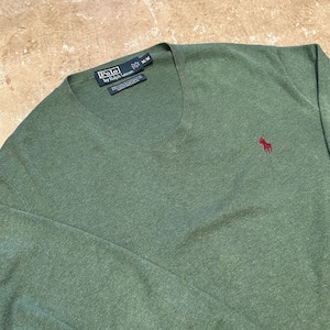 1990'S RALPH LAUREN V-NECK COTTON SWEATER GREEN M