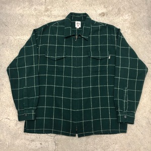 90s OLD STUSSY/Zip Flannel Shirt Jacket/USA製/白タグ/L/ネルシャツ/ジャケット/チェック柄/グリーン/ステューシー/オールドステューシー