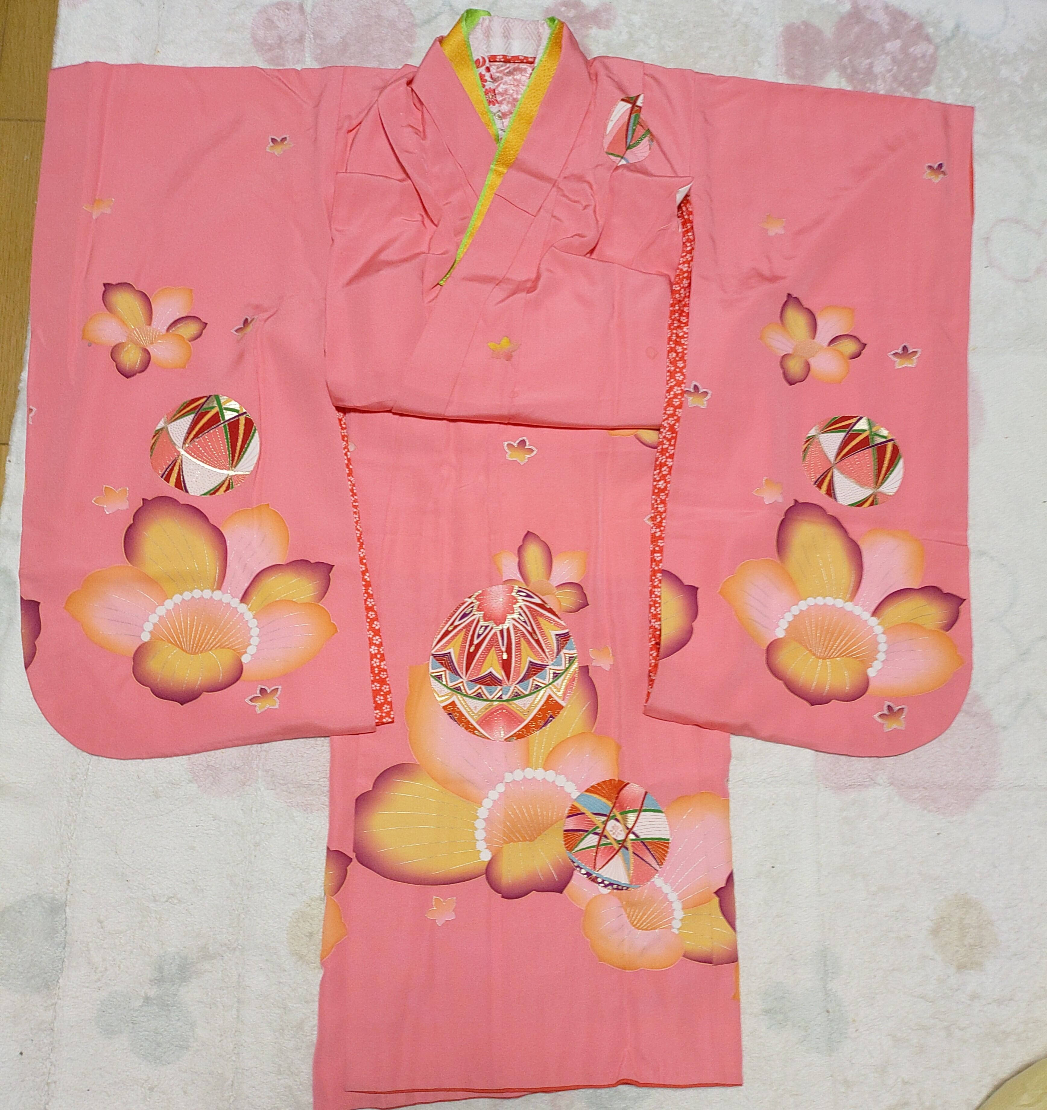 七五三7歳祝着物フルセット正絹濃いピンク鞠花作り帯はこせこ