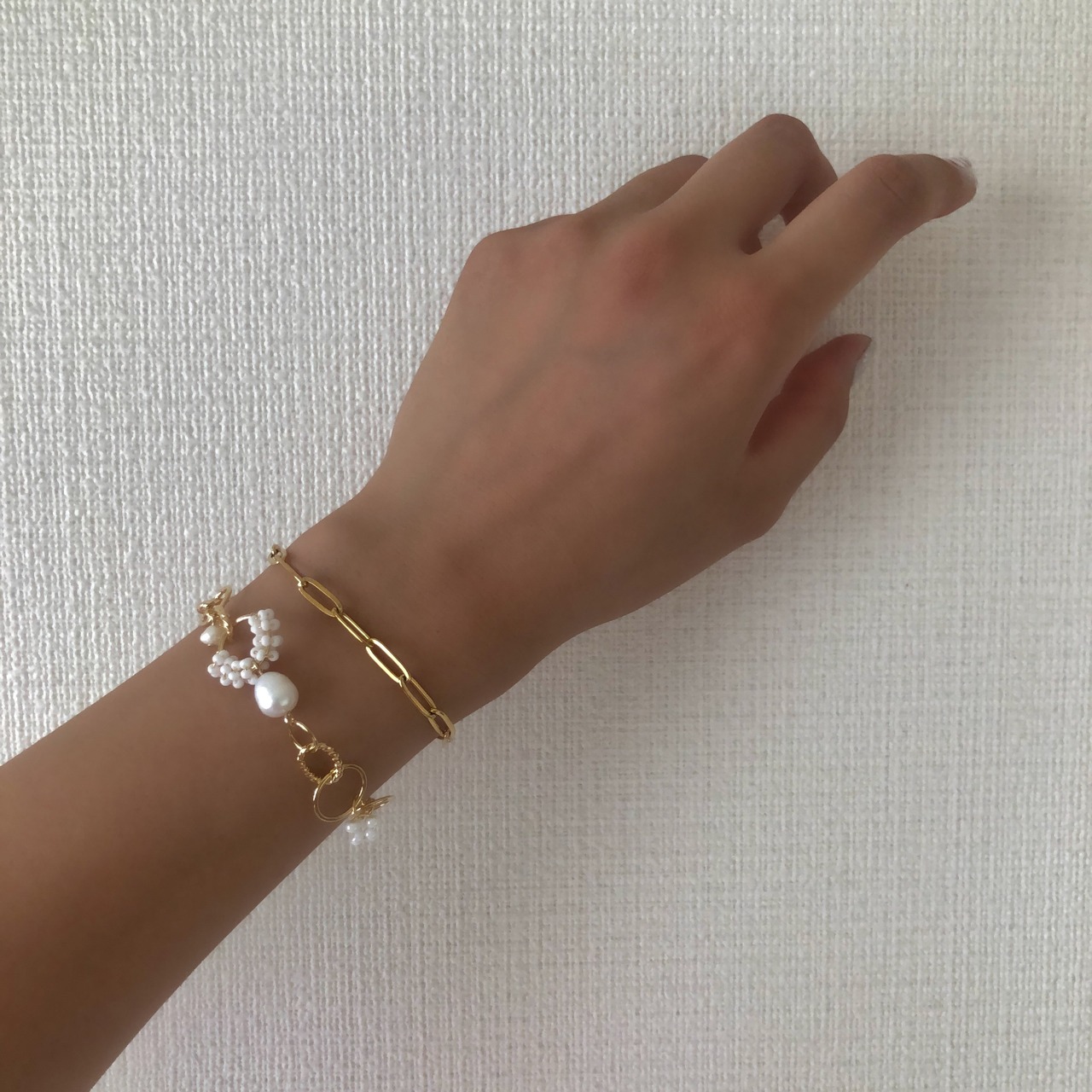 [パール × マットホワイト] ゴールドブレスレット　