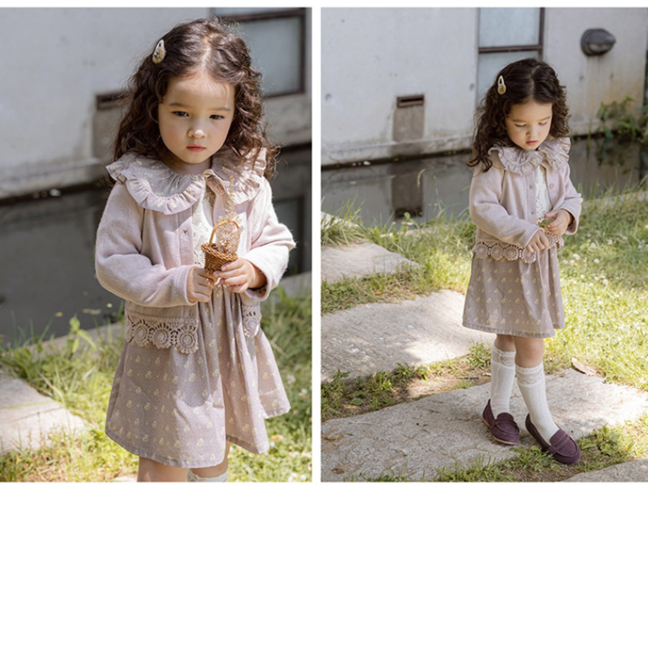 春花柄ビッグカラーワンピース2色