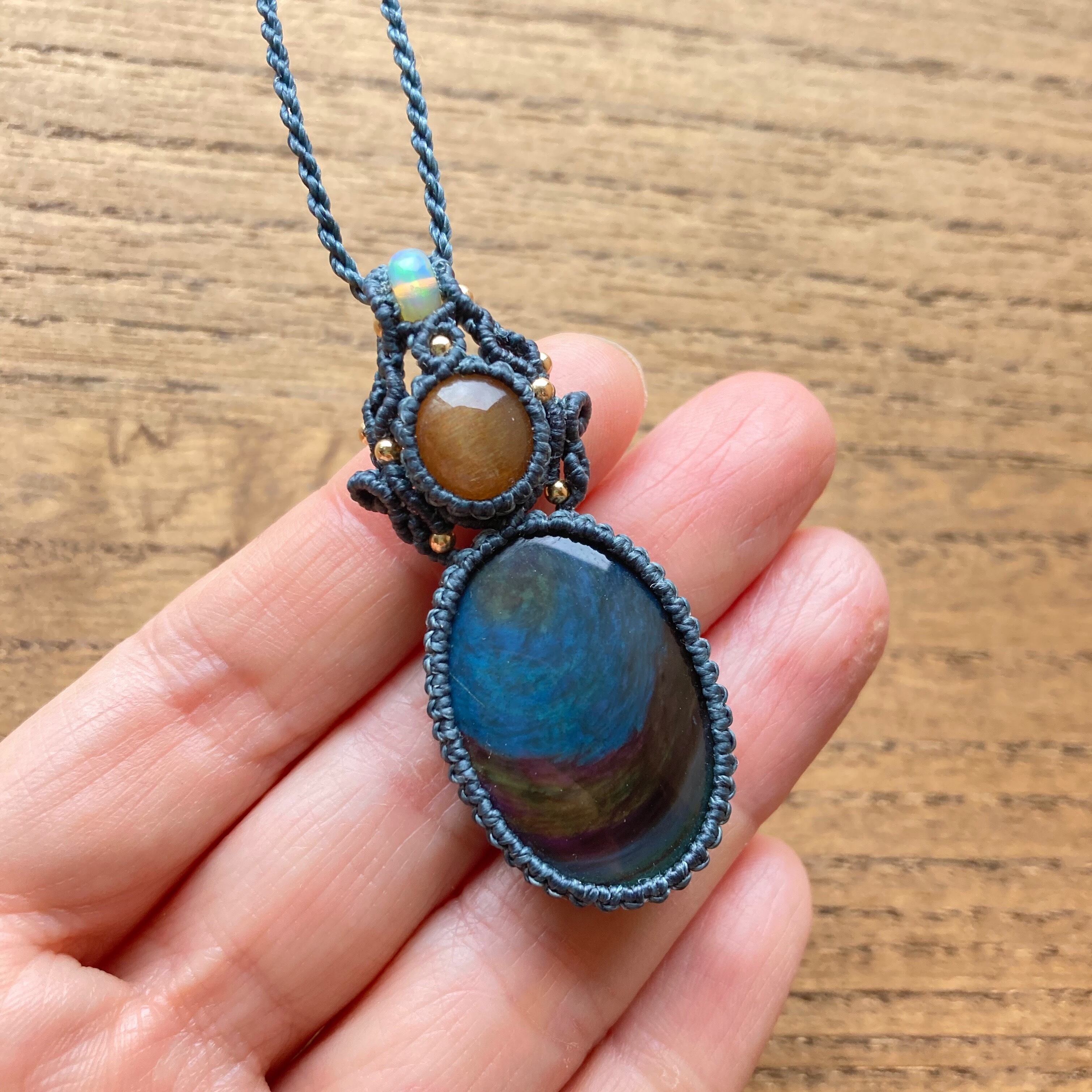 オブシディアン+スターサンストーンのマクラメ編み 天然石