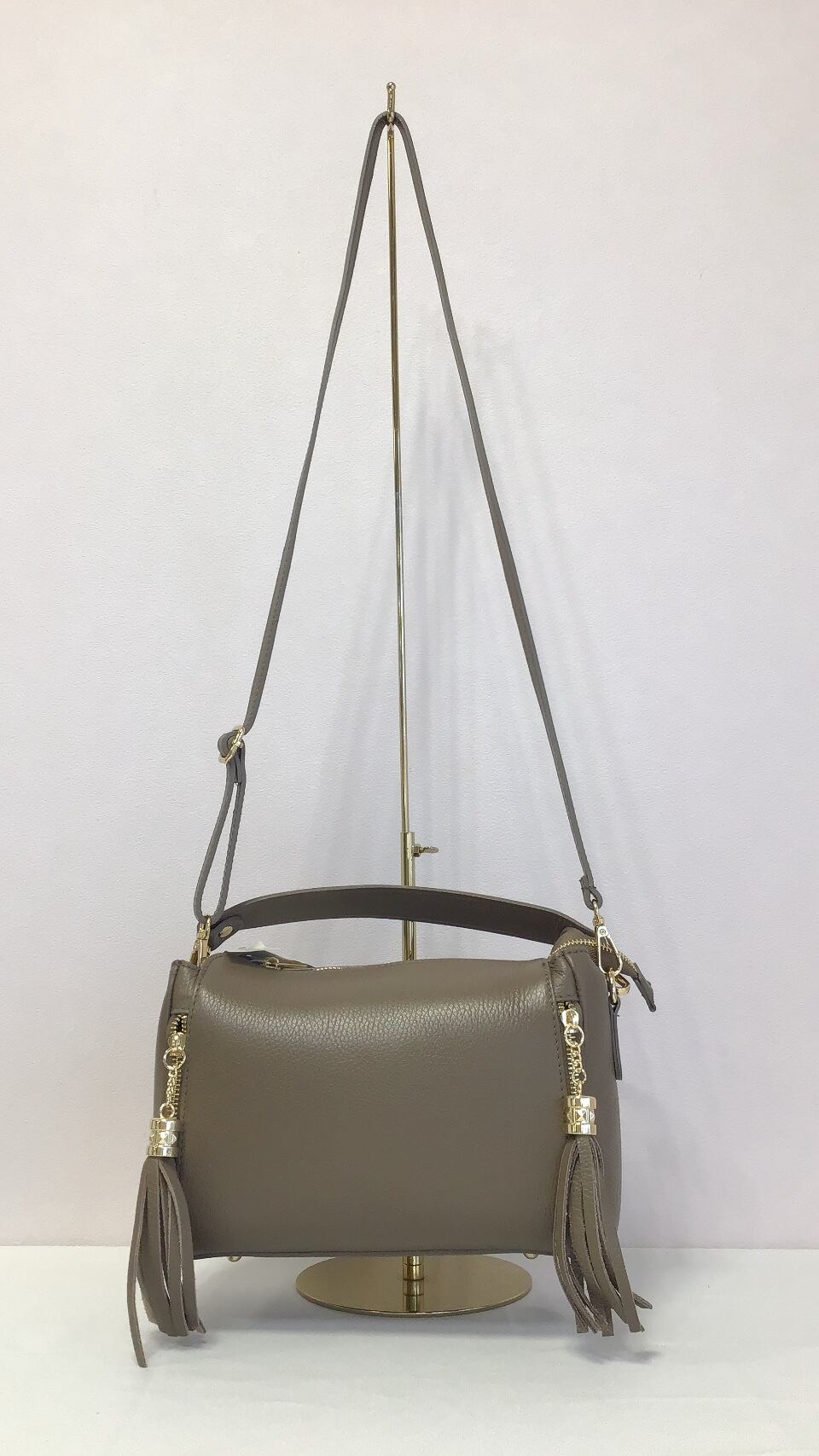 Vimoda ROBIN 本革ハンドバッグ ショルダー紐付き ダークトープ ブラウン JENNA select リアルレザー フリンジ イタリア製