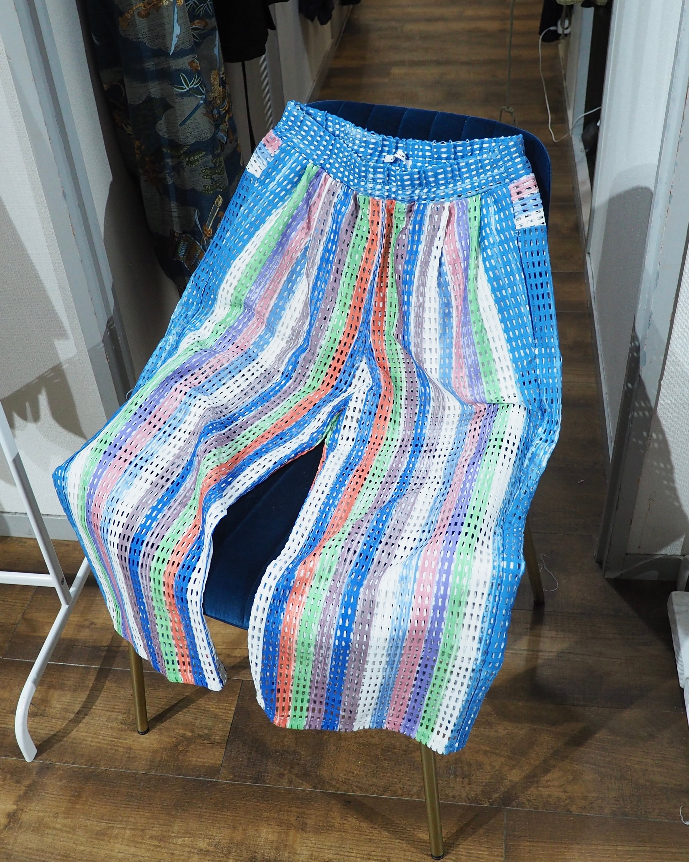 16SS " PLASTIC TOKYO " Multi Color Stripe painted Sheer Wide Pants