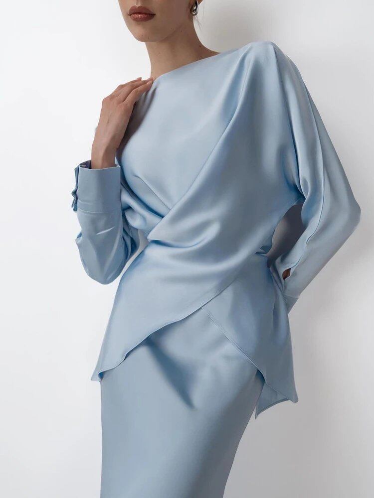 女性のためのエレガントなサテンの衣装,長袖,レースアップトップ,ハイウエスト,ルーズストレートバストスカート,2ピースセット,春と秋